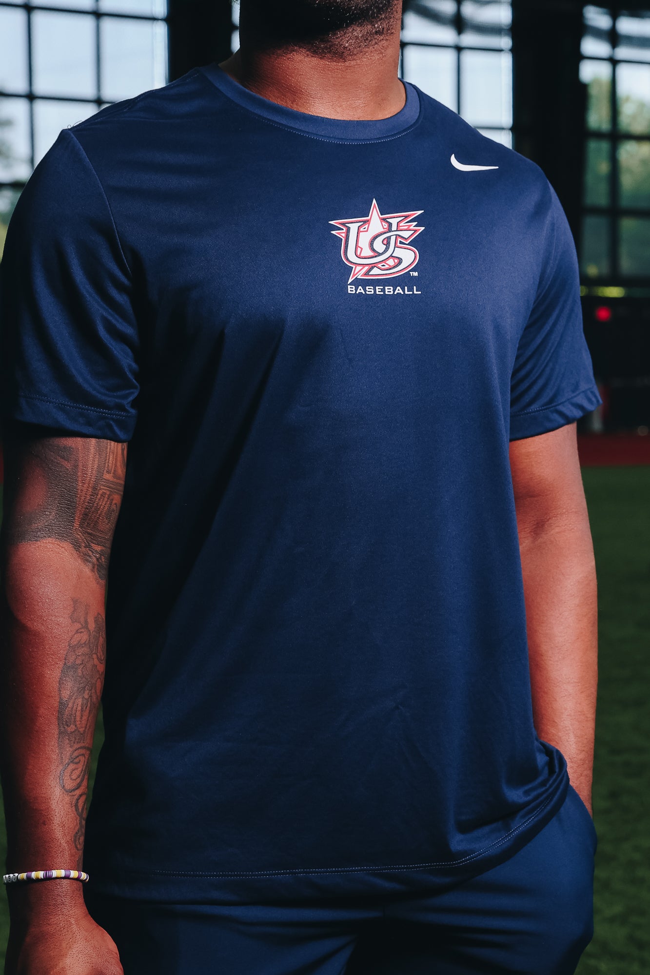 Detail Shot of Male Model wearing Navy Legend Tee