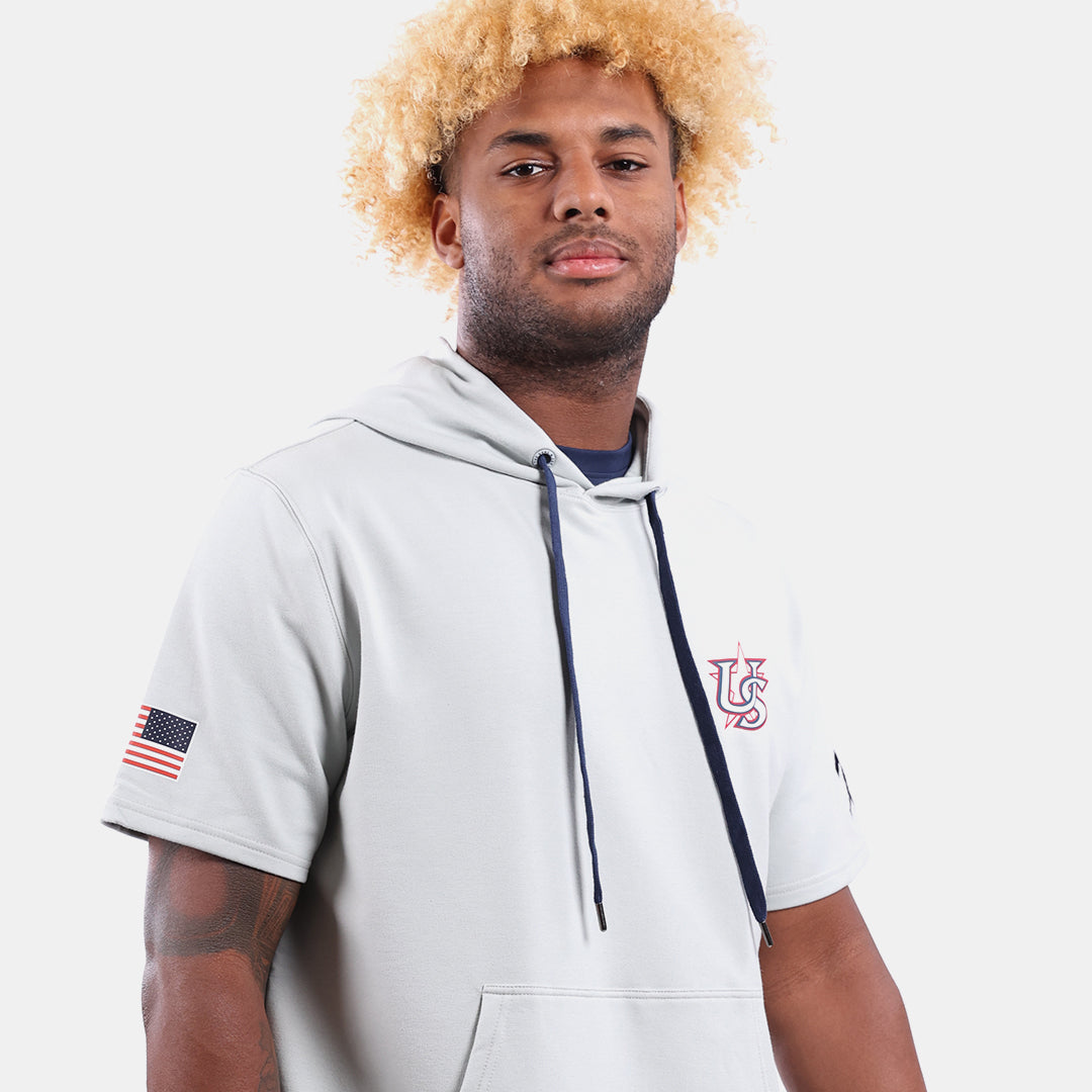 Male model wearing USA x Baseballism Grey Short Sleeve Hoodie