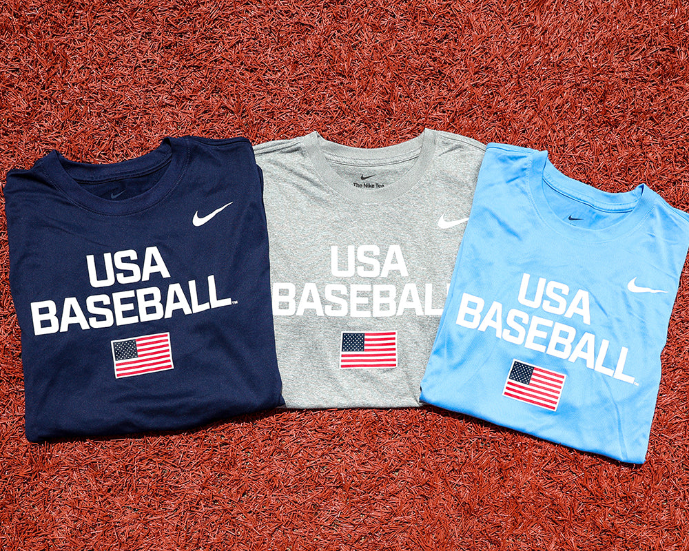 Navy, Heather Grey, and Light Blue Dynamic Legend Tees featuring screen-printed American Flag