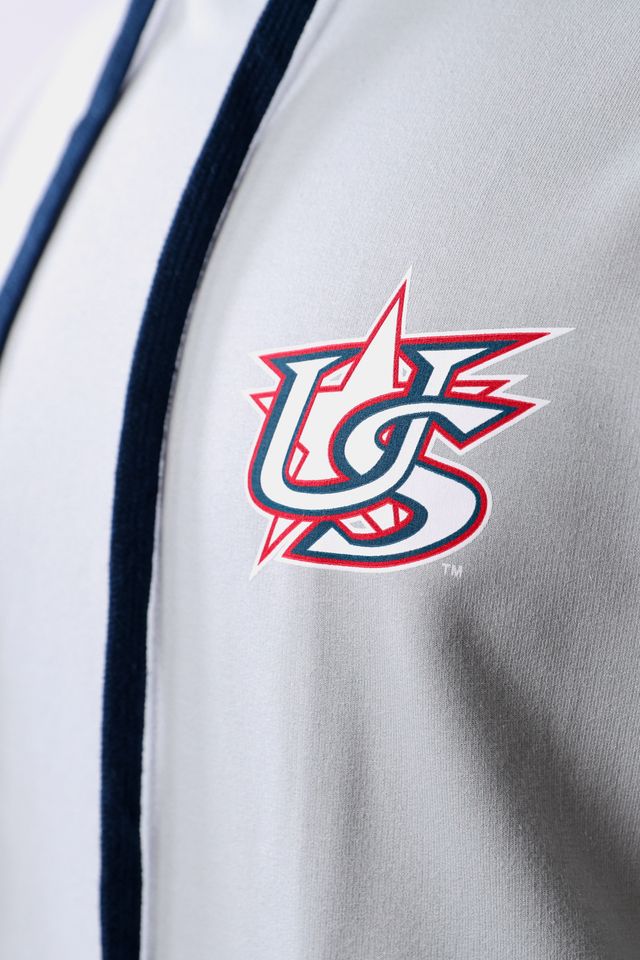 Detail shot of USA Baseball screen-printed Star Logo on the USA x Baseballism Grey Short Sleeve Hoodie