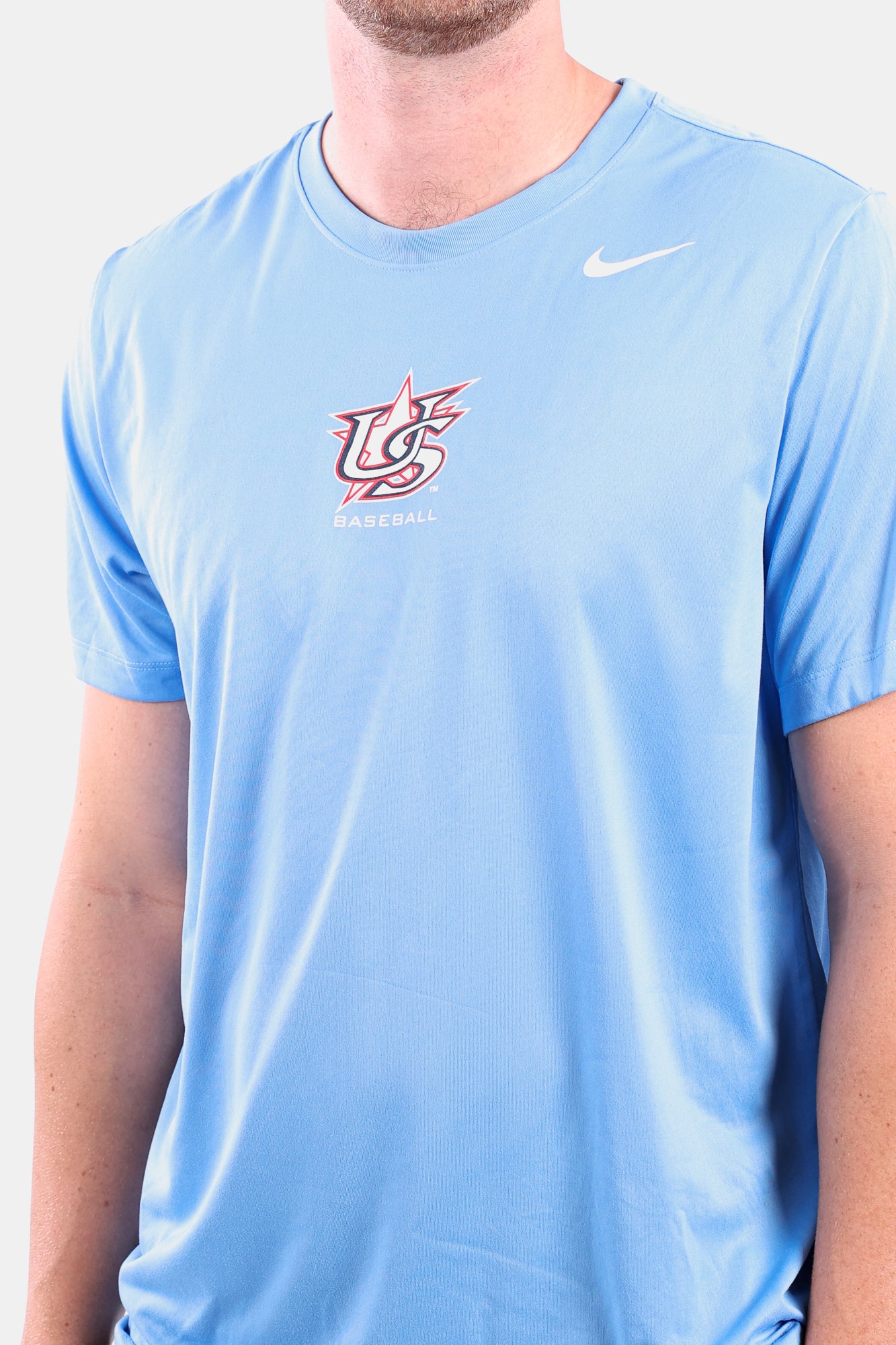 Detail shot of male model wearing Light Blue Legend Tee