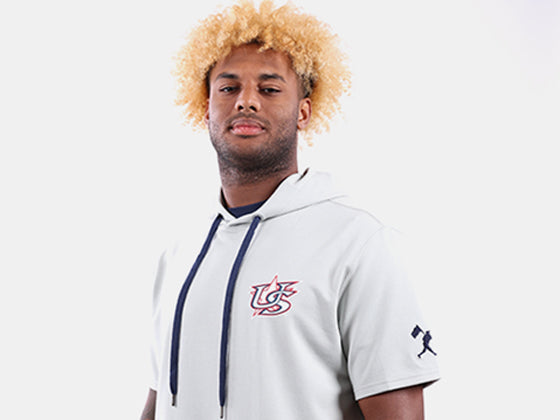 Person wearing a grey USA Baseball x  Baseballism hoodie with logos on a light gray background