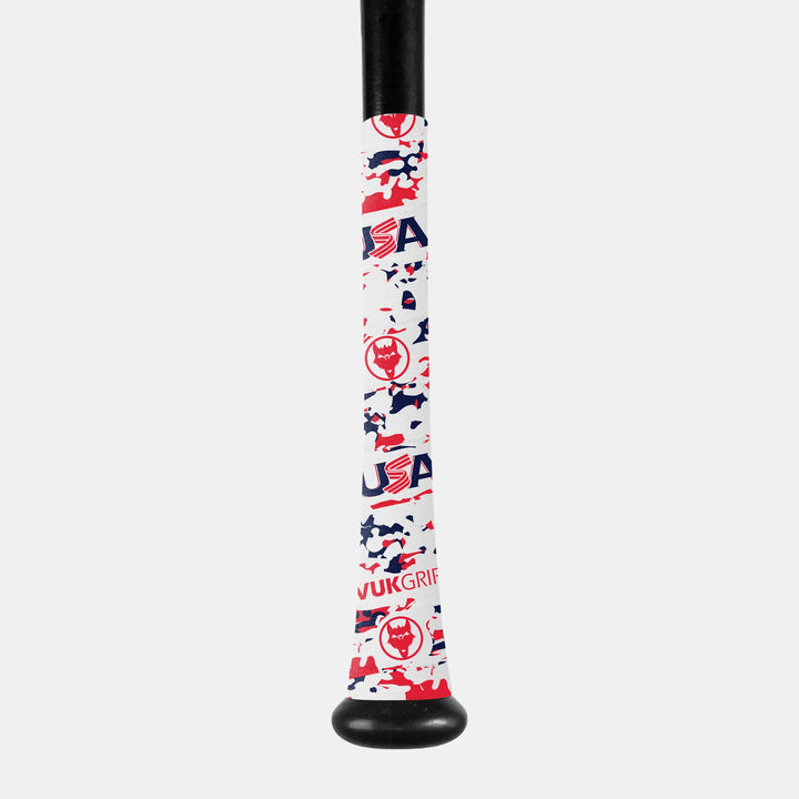 VukGripz Bat Grip Tape - White Camo wrapped around a bat
