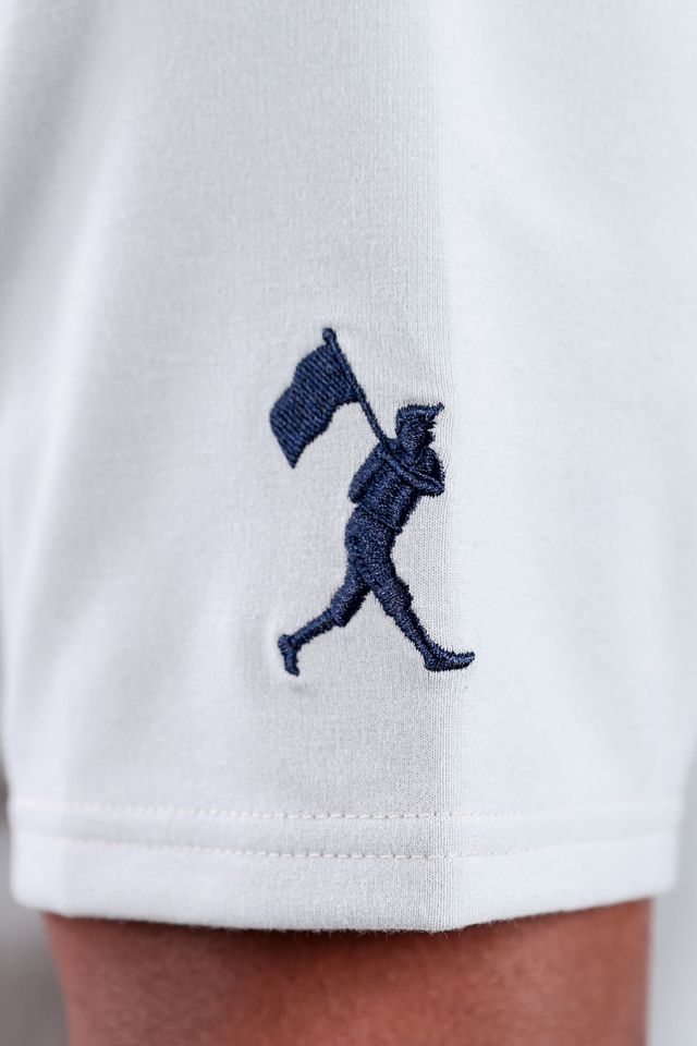 Detail shot of USA x Baseballism Classic Embroidered Logo on the USA x Baseballism Grey Short Sleeve Hoodie 